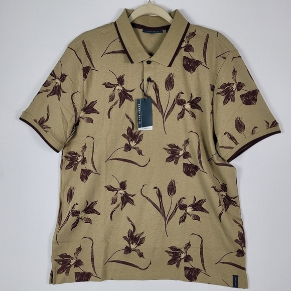 Perry Ellis Men's Ultra Soft Touch Flower Print Polo  Elmwood Brown Maroon Sz L - Picture 1 of 8